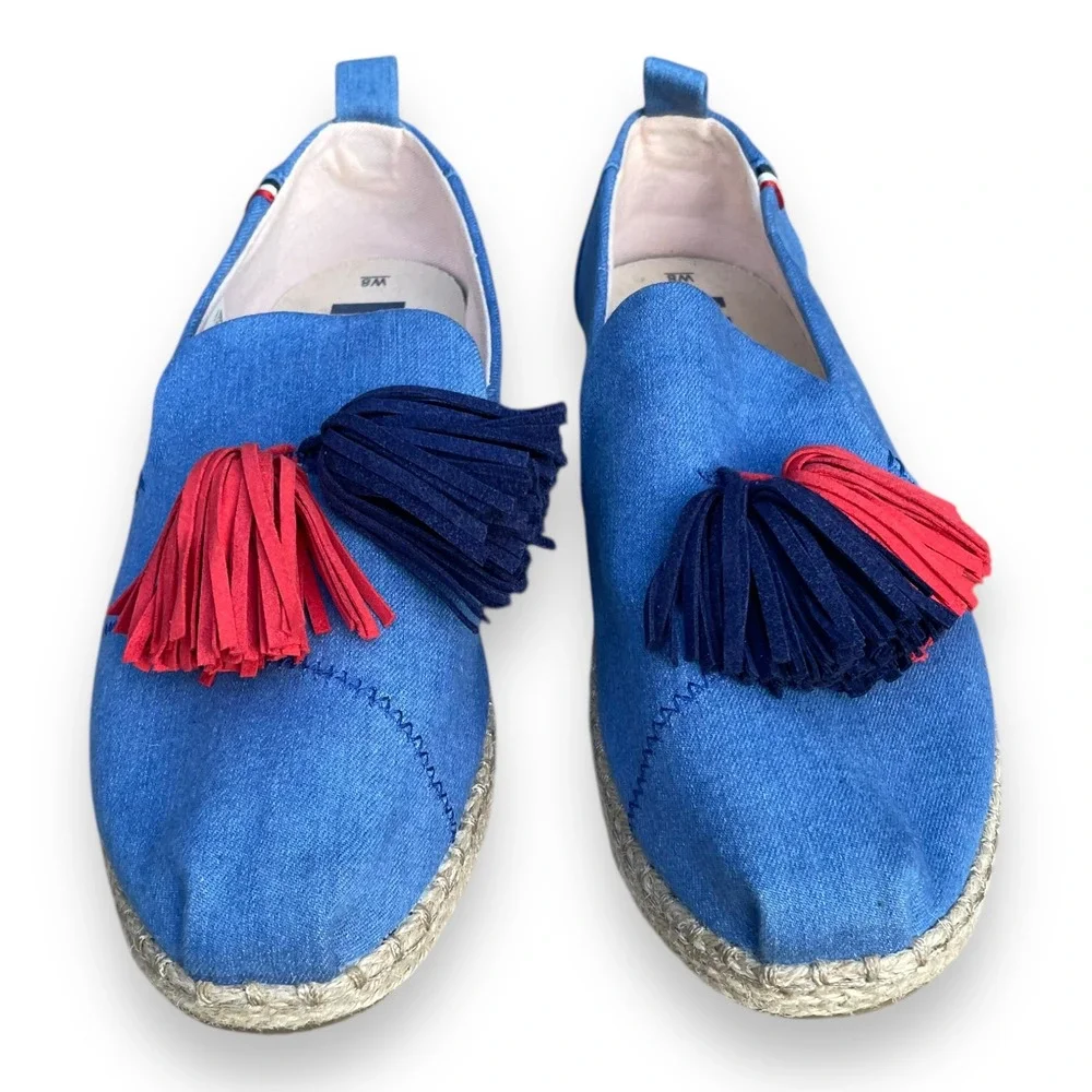 Clare V. x TOMS Women's 8 Blue Chambray Espadrille Tassel Slip On Shoes Flat